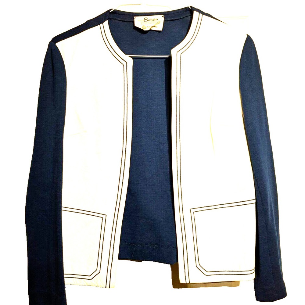 Susan Thomas Vintage Women 14 White Leather & Pure Virgin Wool Open Front Jacket